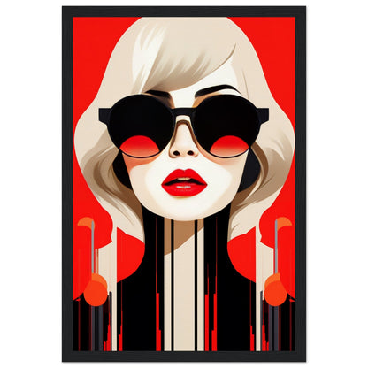 Stylized portrait of a woman with blonde hair wearing sunglasses against a red background.