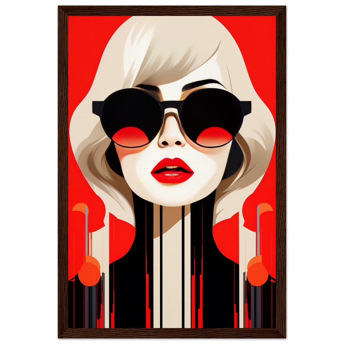 Stylized portrait of a woman with blonde hair, sunglasses, and red lips against a vibrant red background.