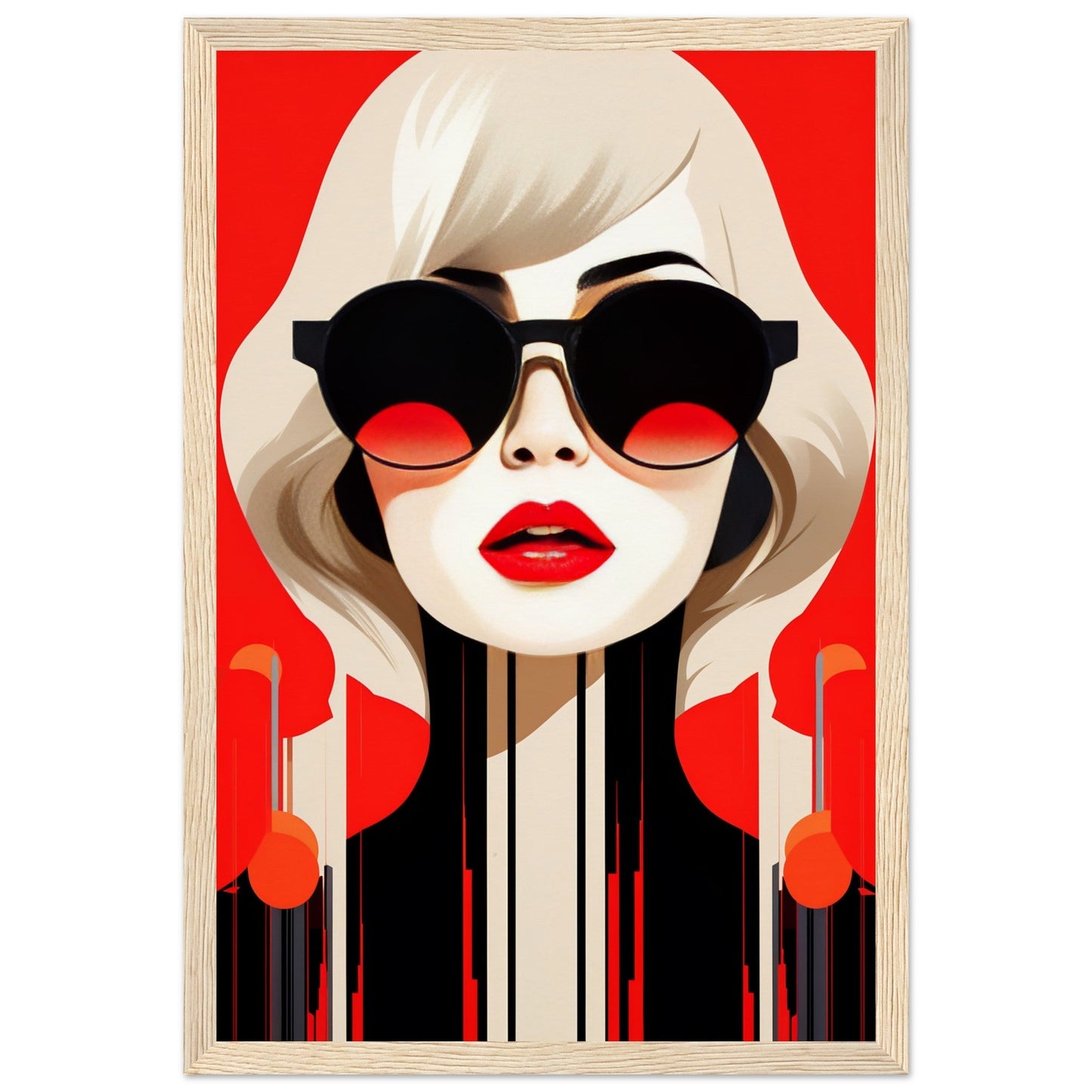 Stylized portrait of a woman with blonde hair, sunglasses, and red lips against a vibrant red background.