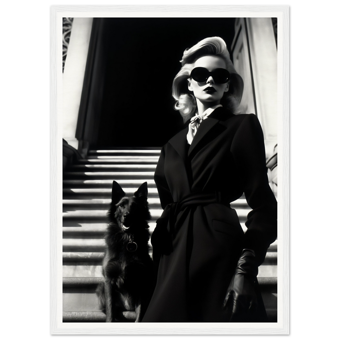 Stylish woman in a dark coat and sunglasses standing with a black cat on stairs.