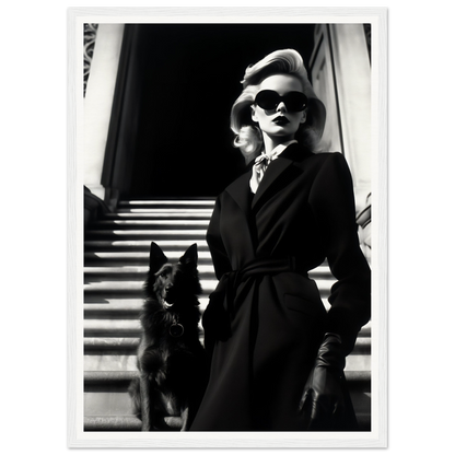 Stylish woman in a dark coat and sunglasses standing with a black cat on stairs.