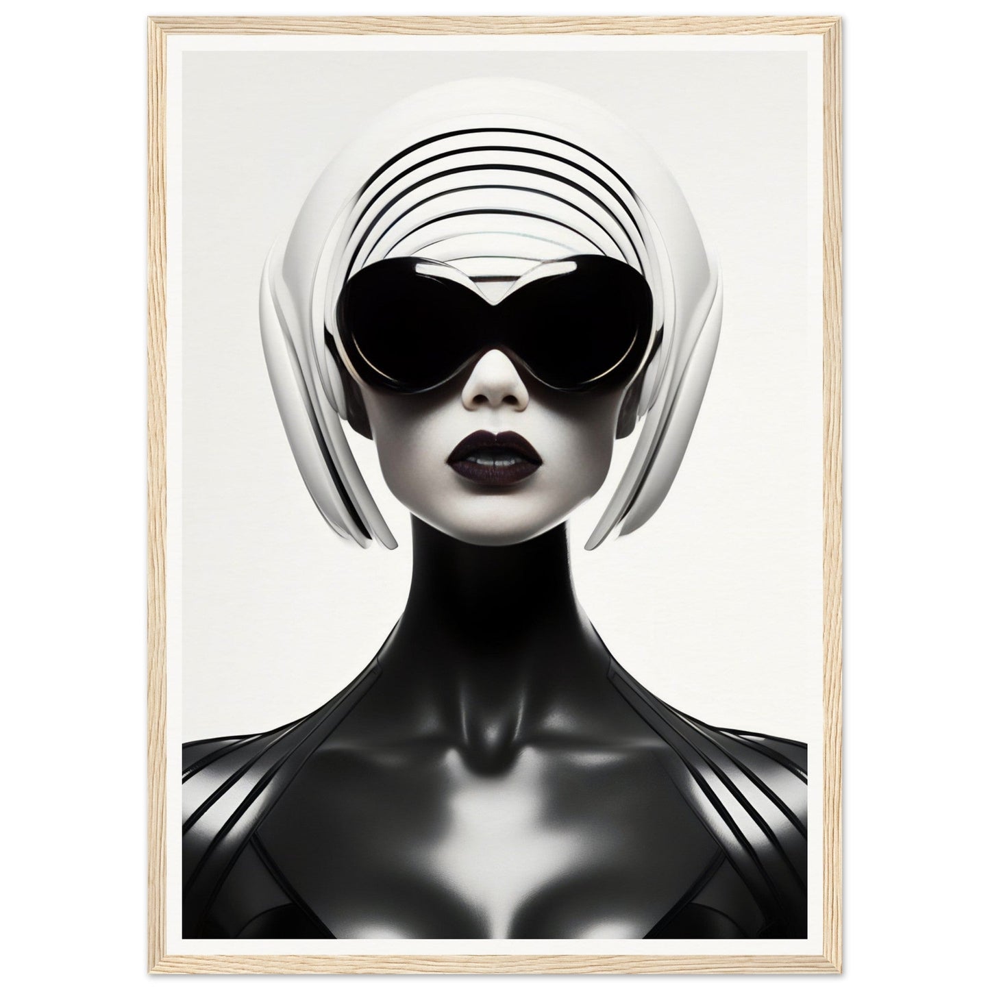 Stylized portrait of a figure wearing oversized sunglasses and a white headpiece against a stark black and white contrast.