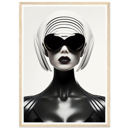 Stylized portrait of a figure wearing oversized sunglasses and a white headpiece against a stark black and white contrast.