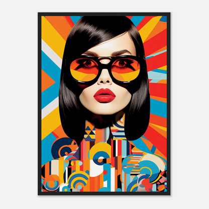 Stylized portrait of a woman with sunglasses and vibrant geometric patterns.