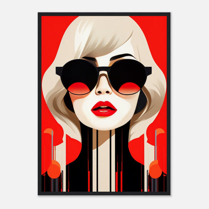 Stylized portrait of a woman with platinum blonde hair, red lips, and oversized sunglasses against a vibrant red background.