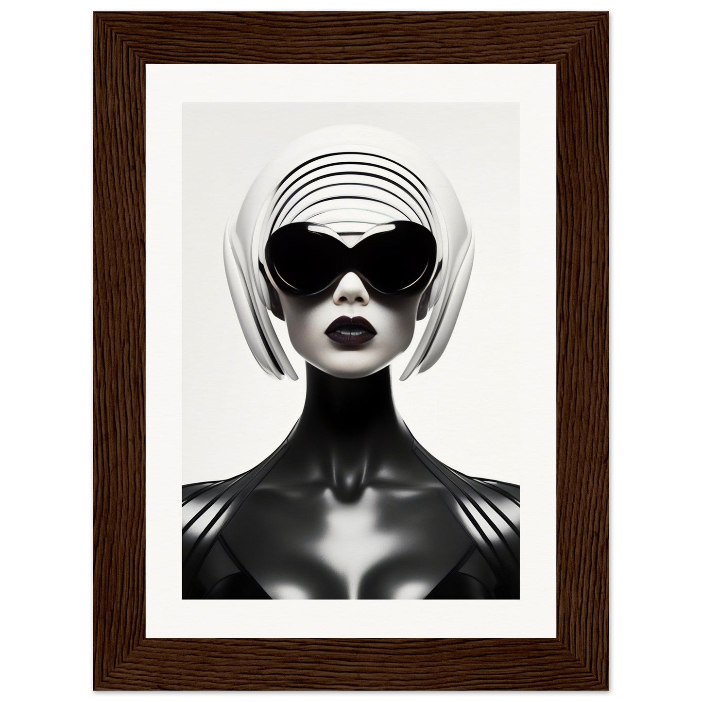 Stylized black and white portrait of a figure wearing futuristic sunglasses and a geometric headpiece.