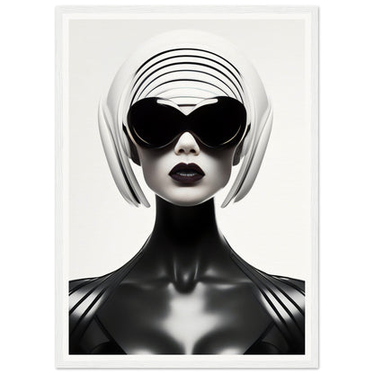 Stylized black and white portrait of a figure wearing oversized sunglasses and a futuristic white headpiece.