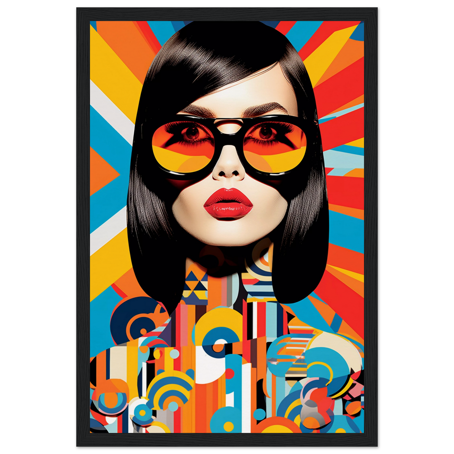 Stylized portrait of a woman wearing colorful sunglasses against a vibrant geometric background.