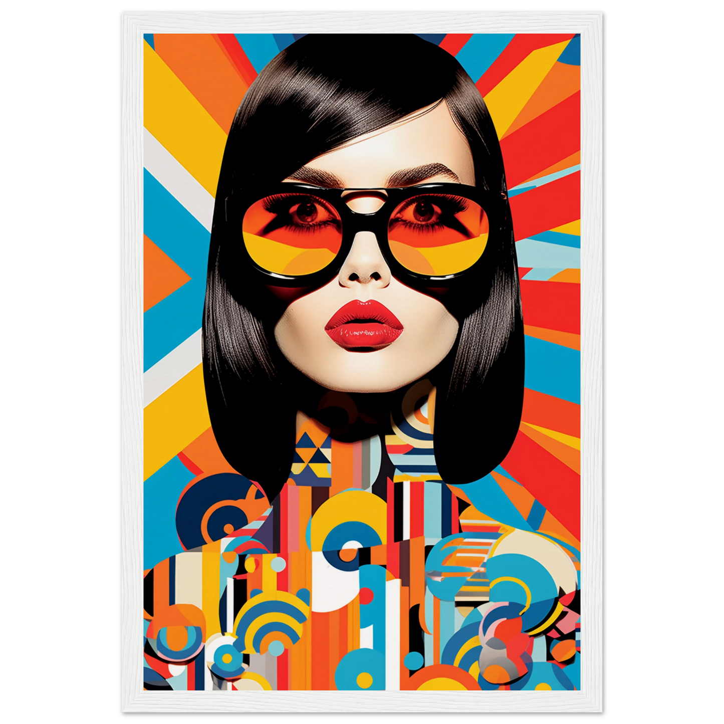 Stylized portrait of a woman with sunglasses and vibrant geometric patterns.