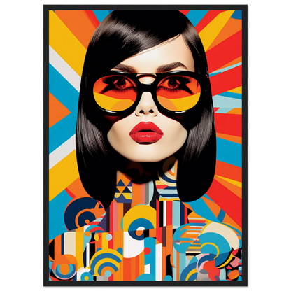 Stylized portrait of a woman with sunglasses against a colorful geometric background.