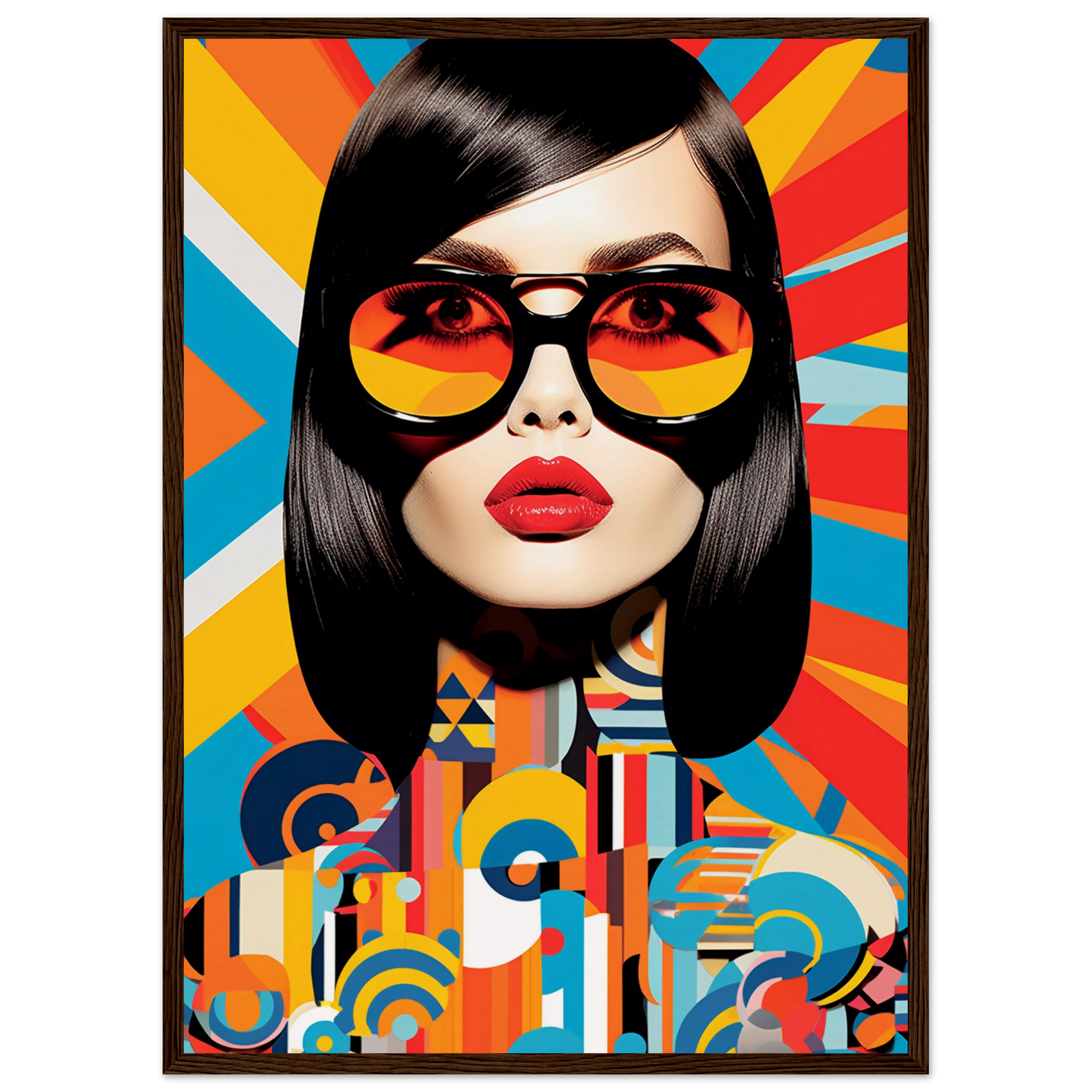 Stylized portrait of a woman with sunglasses against a colorful geometric background.