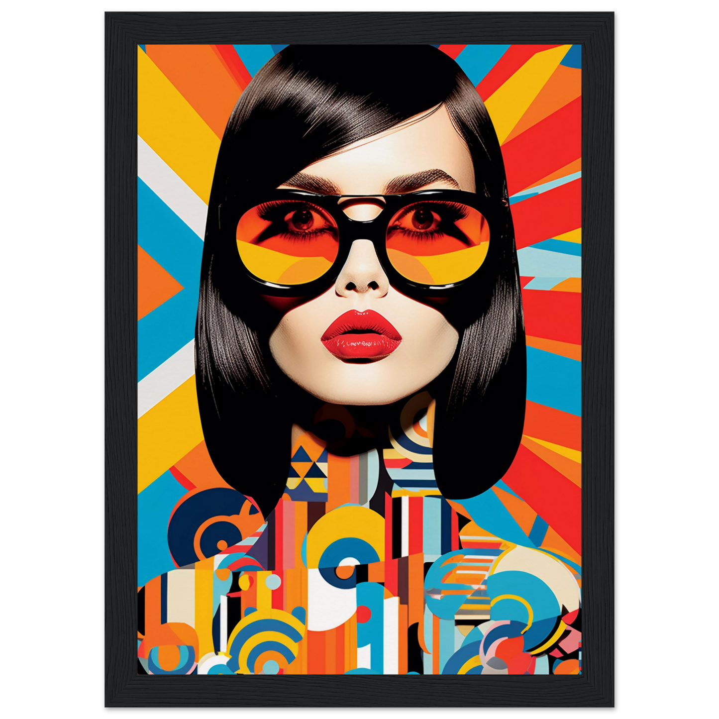 Stylized portrait of a woman with sunglasses against a colorful geometric background.