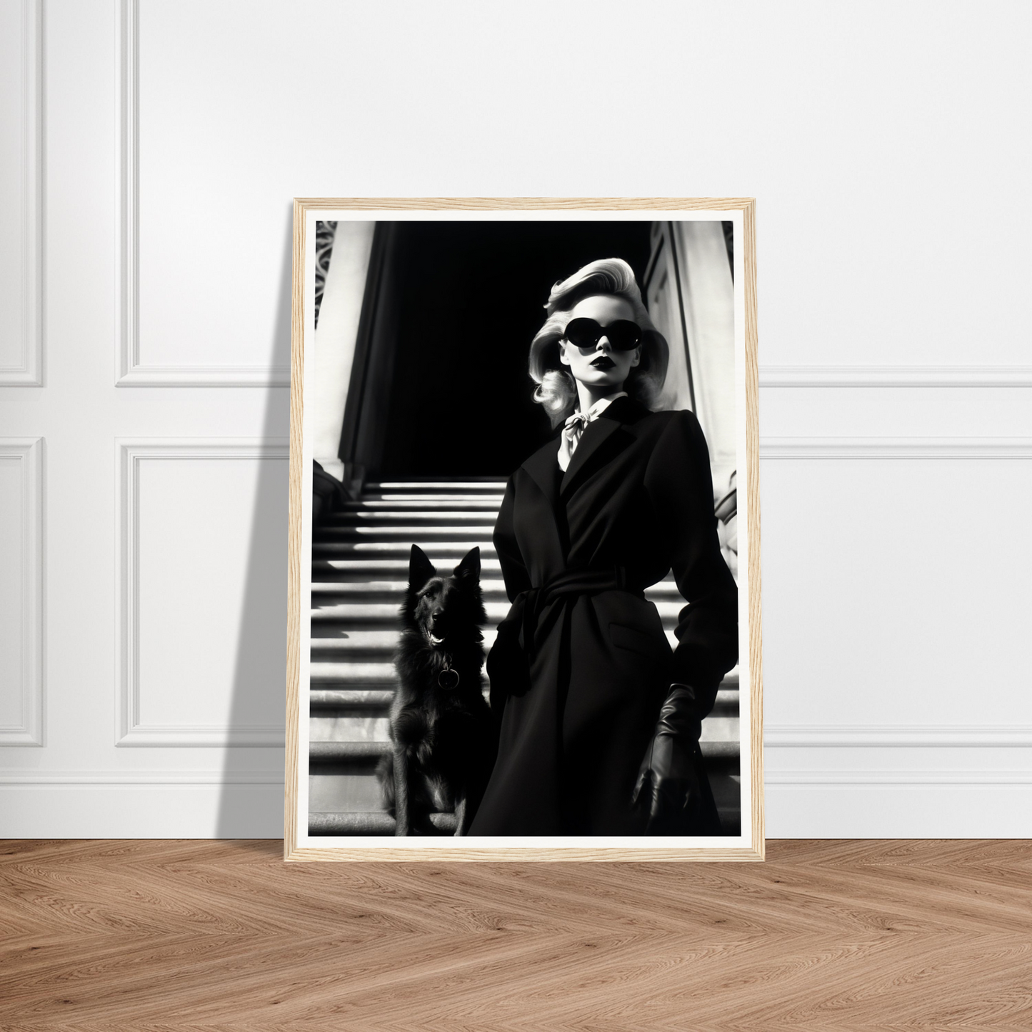 Framed black and white photograph of a stylishly dressed woman with sunglasses standing next to a dog.