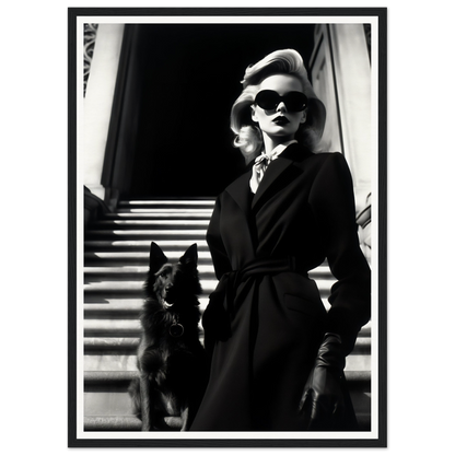 Stylish woman in a dark coat and sunglasses standing with a black cat on stairs.