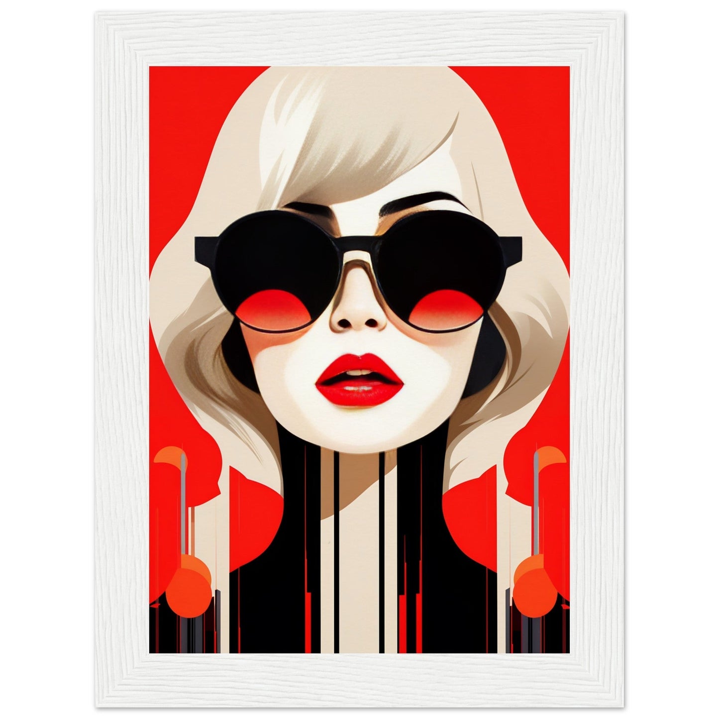 Stylized portrait of a woman with blonde hair, red lips, and large sunglasses against a red background.