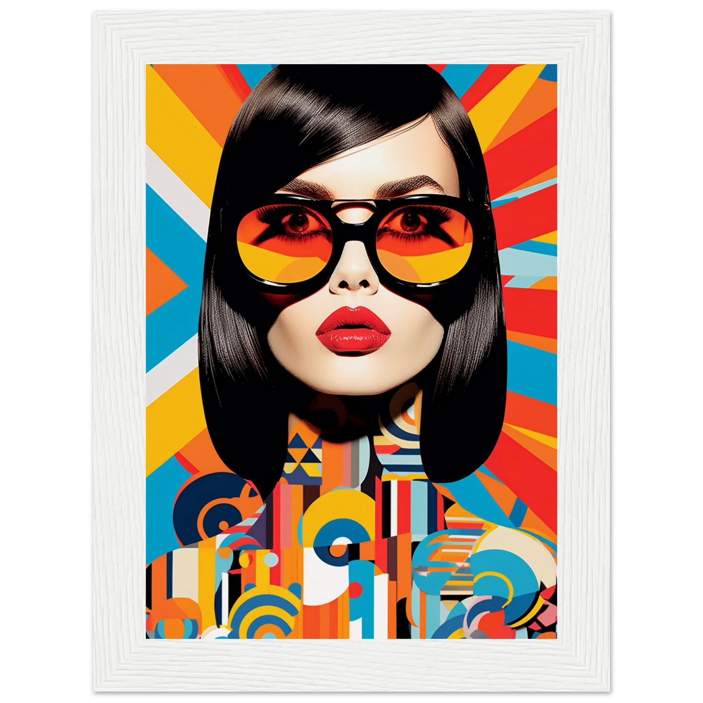 Stylized pop art portrait of a woman with sunglasses and vibrant geometric patterns.