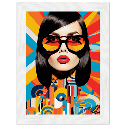 Stylized pop art portrait of a woman with sunglasses and vibrant geometric patterns.