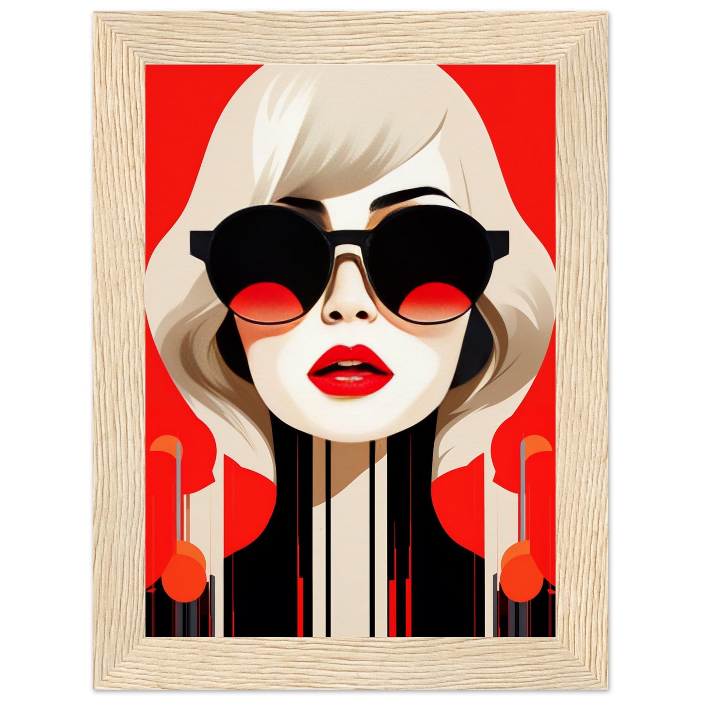 Stylized portrait of a woman with platinum blonde hair wearing large sunglasses and red lipstick against a vibrant red background.