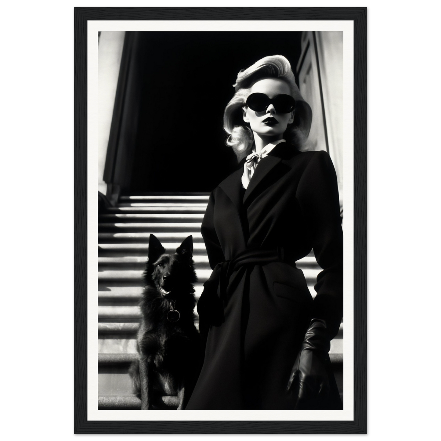 Black and white photograph of a stylish woman in sunglasses and a dark coat standing next to a dog on stairs.