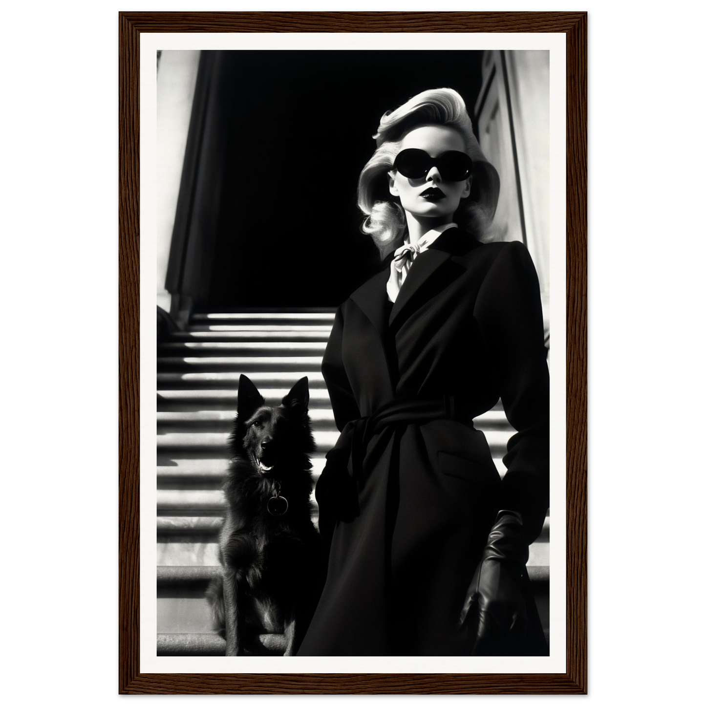 Black and white photograph of a stylishly dressed woman with sunglasses standing next to a dark-colored dog.