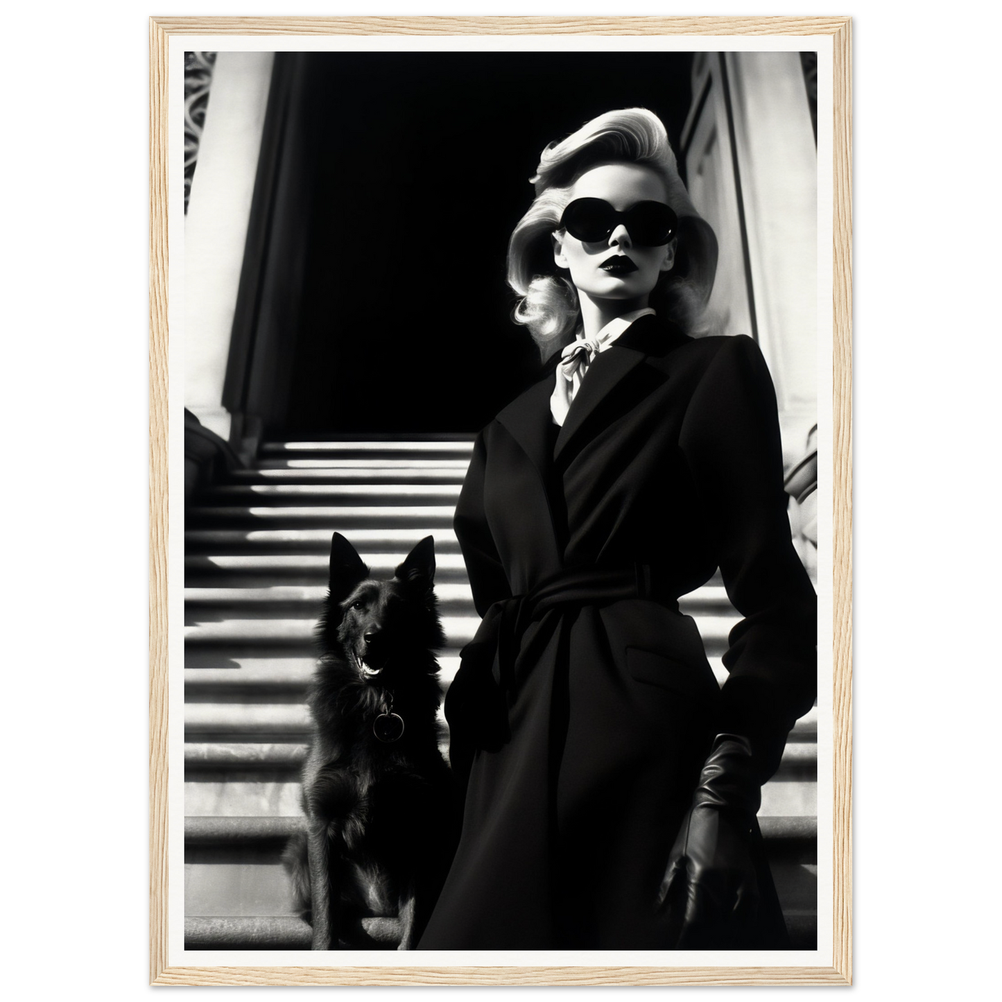 Black and white photograph of a stylishly dressed woman with sunglasses standing next to a dog on stairs.