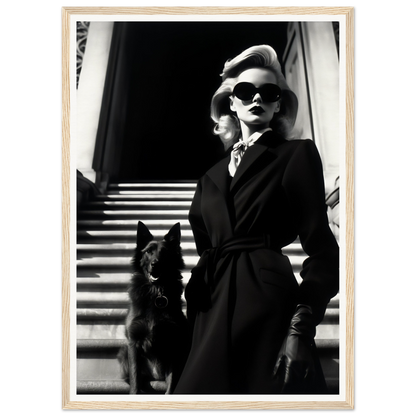 Black and white photograph of a stylishly dressed woman with sunglasses standing next to a dog on stairs.