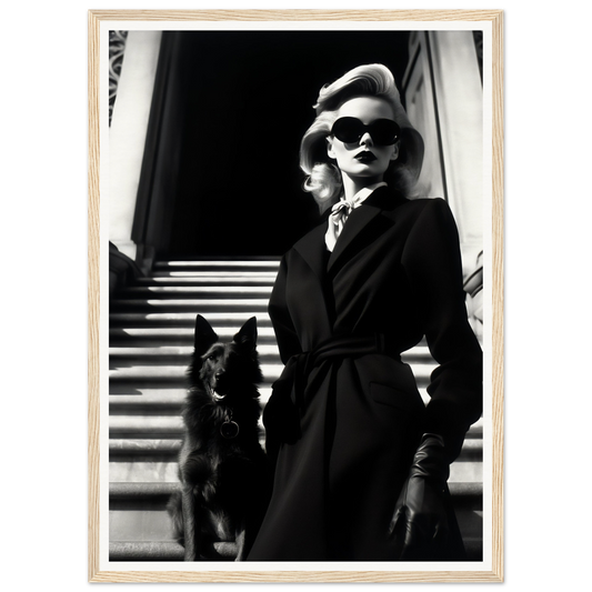 Black and white photograph of a stylishly dressed woman with sunglasses standing next to a dog on stairs.