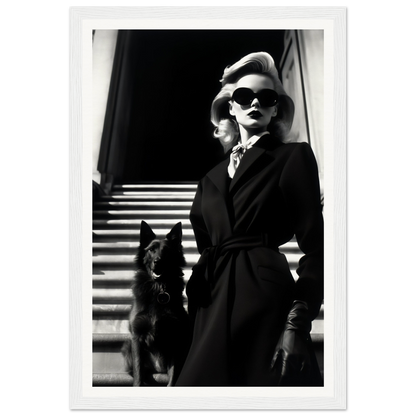 Stylish woman in a dark coat and sunglasses standing next to a black dog.