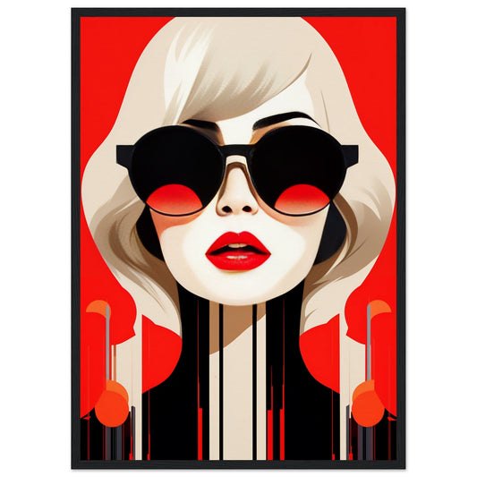 Stylized portrait of a woman with blonde hair, red lips, and dark sunglasses against a red background.