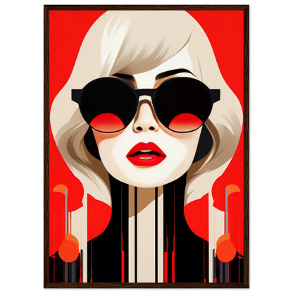 Stylized portrait of a woman with blonde hair, sunglasses, and red lips against a vibrant red background.