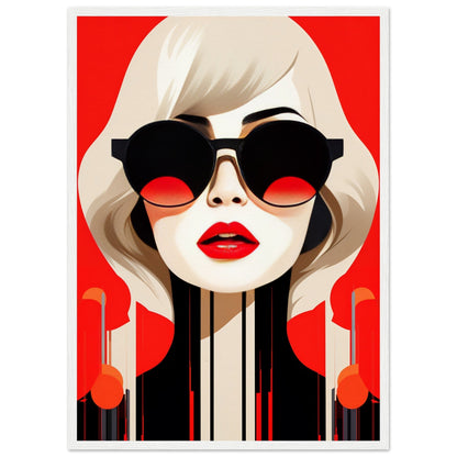 Stylized portrait of a woman with blonde hair, sunglasses, and red lips against a red background.