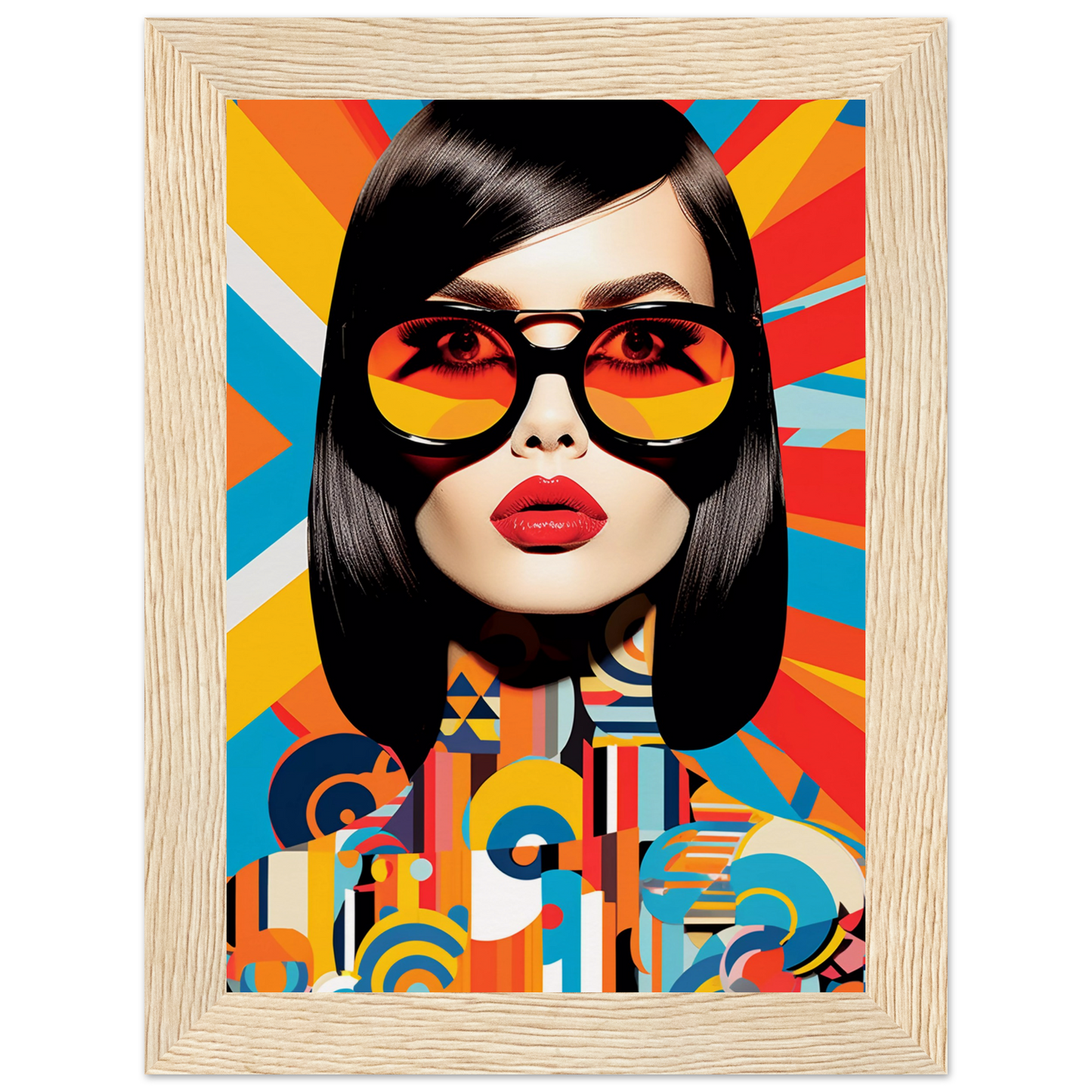 Colorful pop art-style portrait of a woman wearing oversized sunglasses and red lipstick.