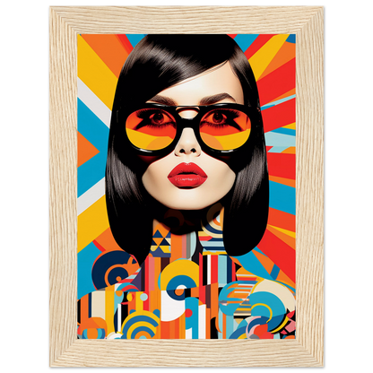 Colorful pop art-style portrait of a woman wearing oversized sunglasses and red lipstick.