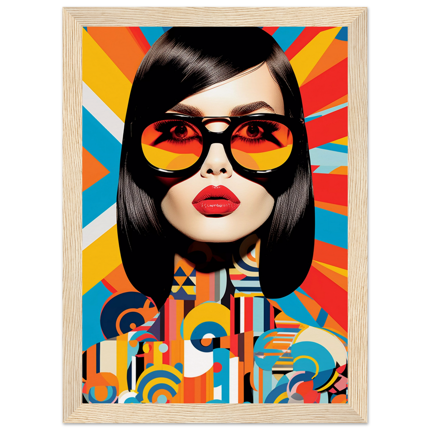 Colorful pop art-style portrait of a woman wearing oversized sunglasses and bright red lipstick.