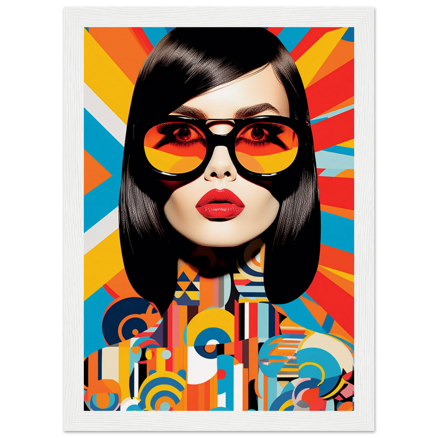 Stylized portrait of a woman with sunglasses and vibrant geometric patterns.