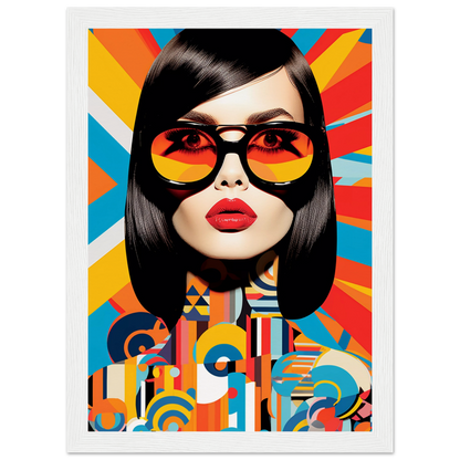 Stylized portrait of a woman with sunglasses and vibrant geometric patterns.