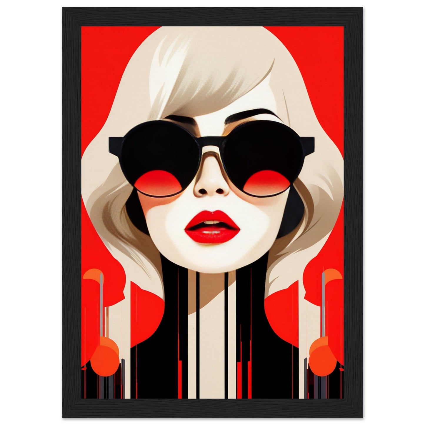 Stylized portrait of a woman with platinum blonde hair wearing large sunglasses and red lipstick against a vibrant red background.