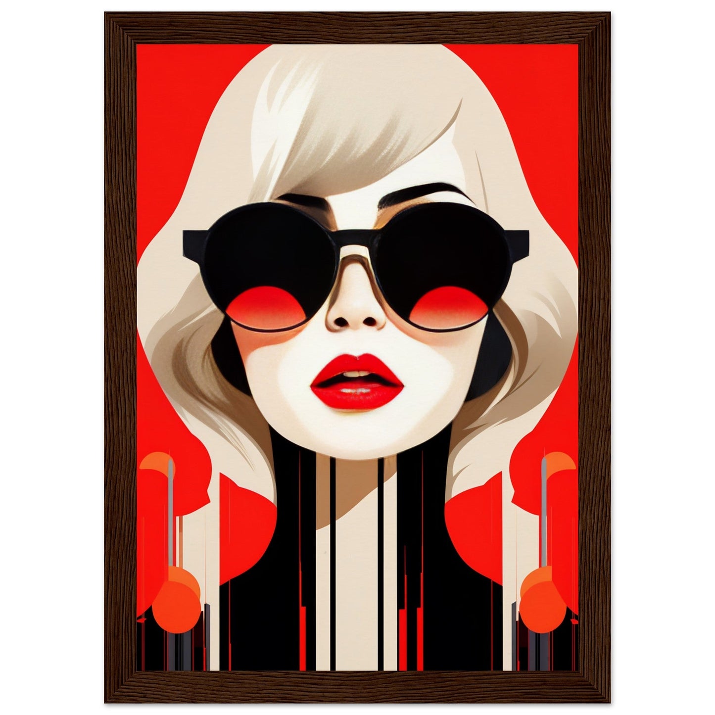 Stylized portrait of a woman with platinum blonde hair, red lips, and oversized sunglasses against a vibrant red background.