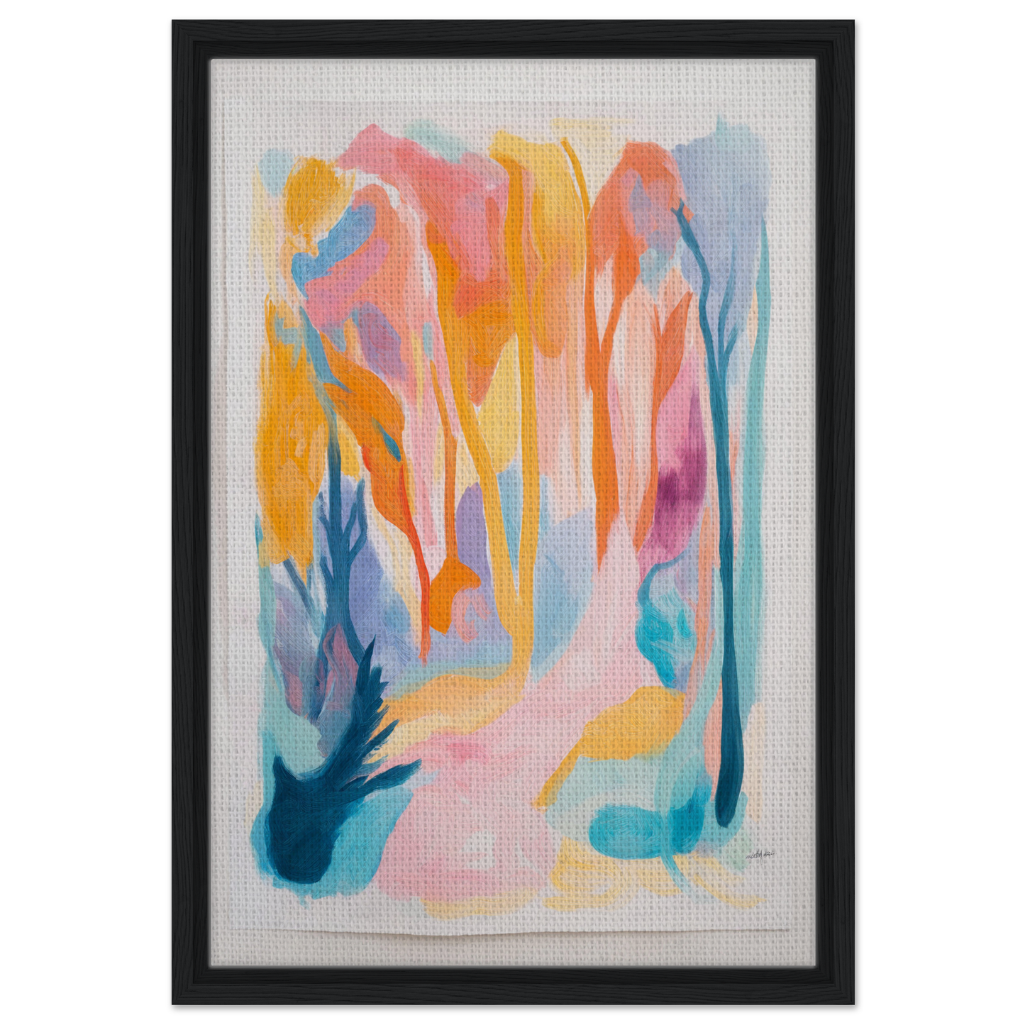 Abstract painting in vibrant hues framed black, showcasing Vivid Illumination Reverie