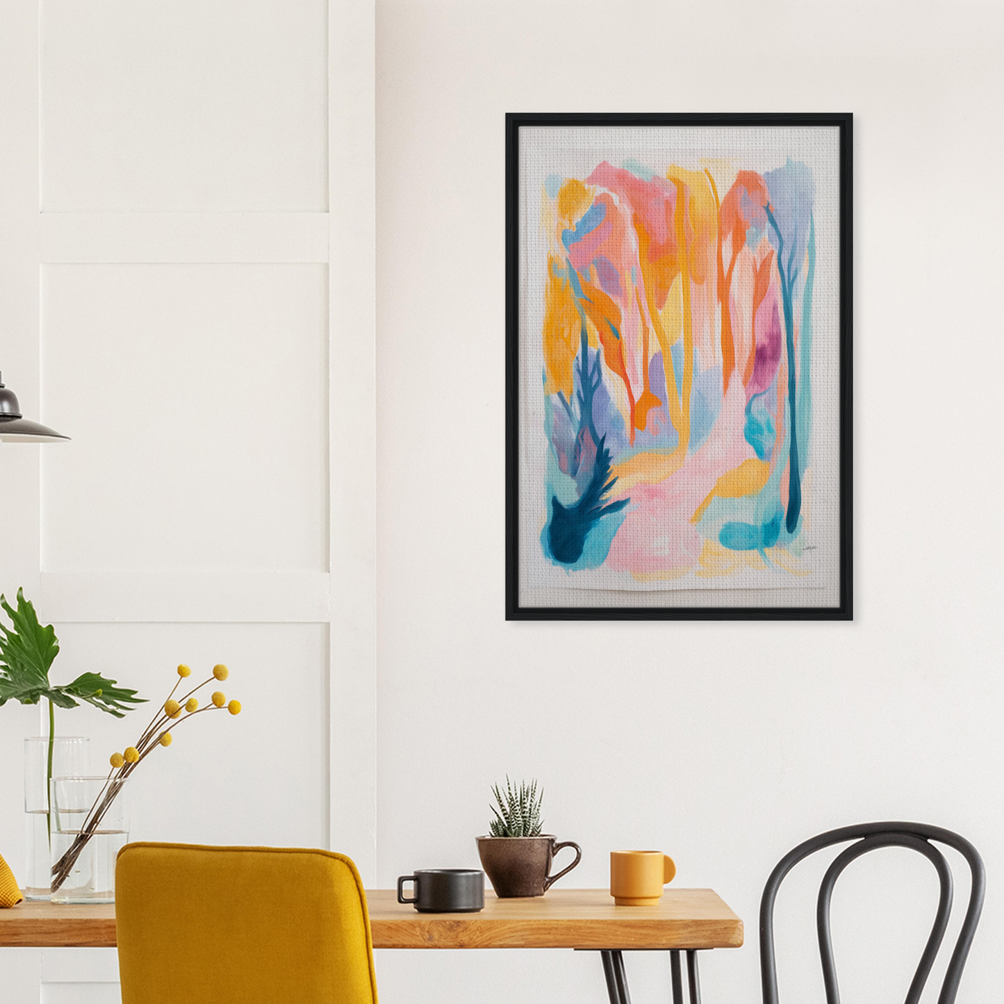 Colorful abstract painting in black frame on white wall, part of Vivid Illumination Reverie