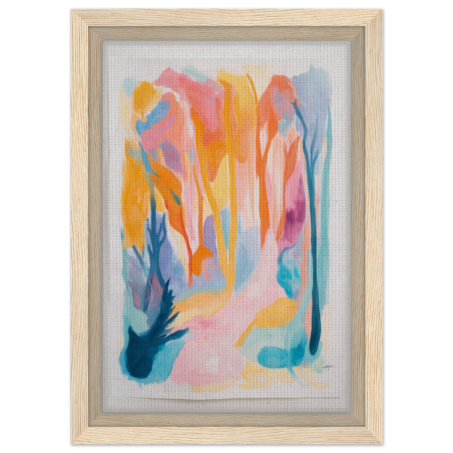 Abstract painting with colorful brushstrokes in light wood frame, Vivid Illumination Reverie