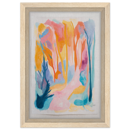 Abstract painting with colorful brushstrokes in light wood frame, Vivid Illumination Reverie