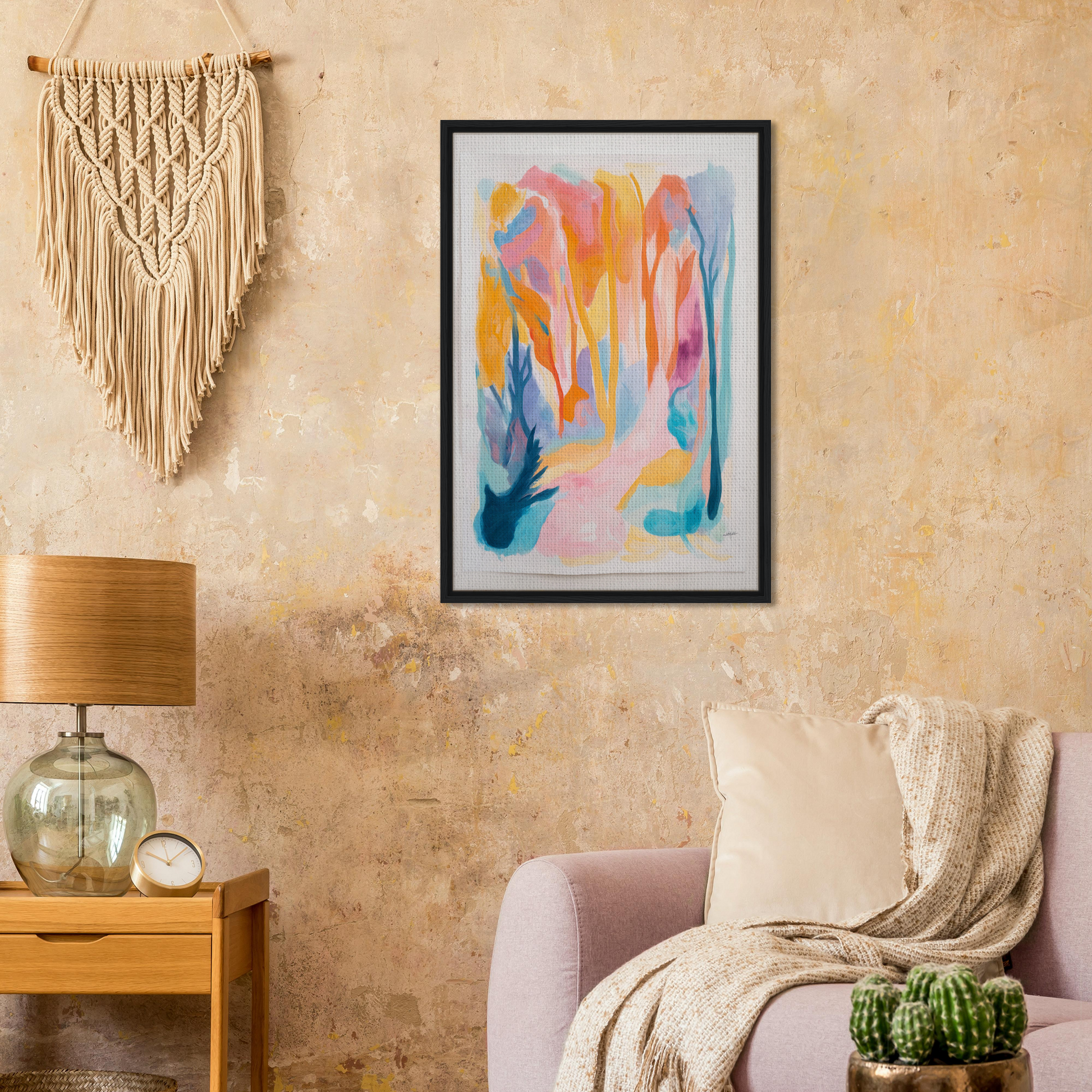 Colorful abstract painting titled Vivid Illumination Reverie in a black frame for room decor