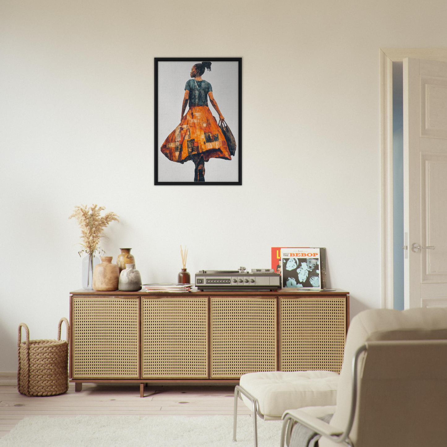 Framed canvas art of a person in a colorful dress for vibrant room decor