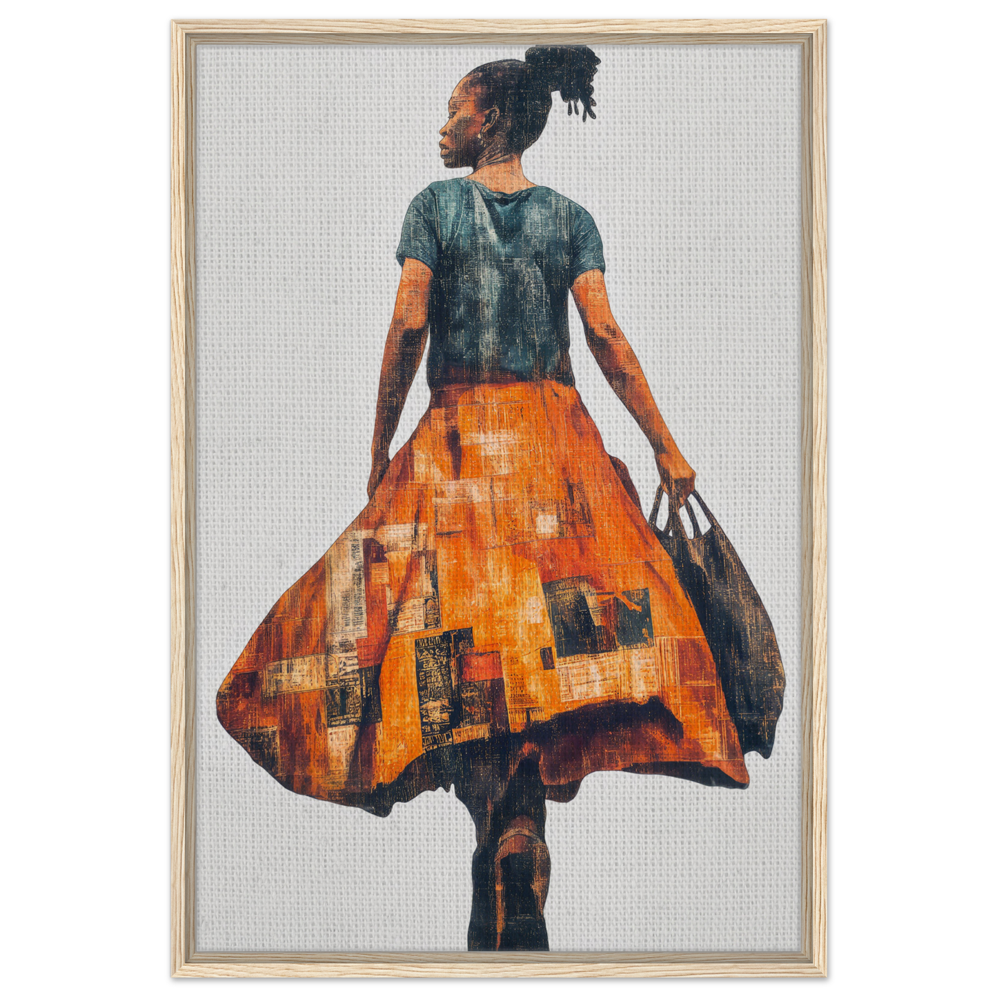 Vivid Patchwork Journey painting of a person in a green top and orange skirt from behind