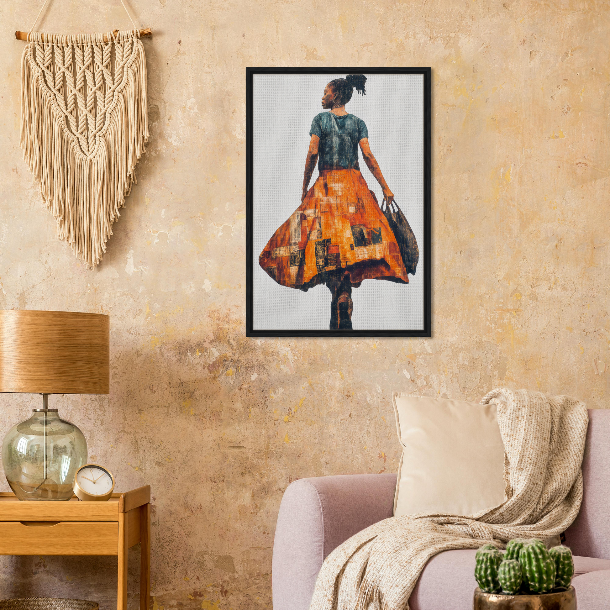 Framed canvas art of a woman in a colorful dress for a vivid patchwork journey