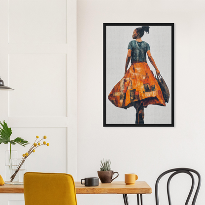 Framed canvas art of woman in orange skirt, part of Vivid Patchwork Journey room decor