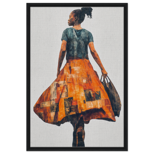 Painting of a person in a green top and orange skirt for Vivid Patchwork Journey framed canvas art