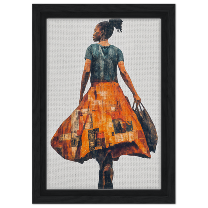 Vivid Patchwork Journey framed canvas art featuring a person in a vibrant orange skirt