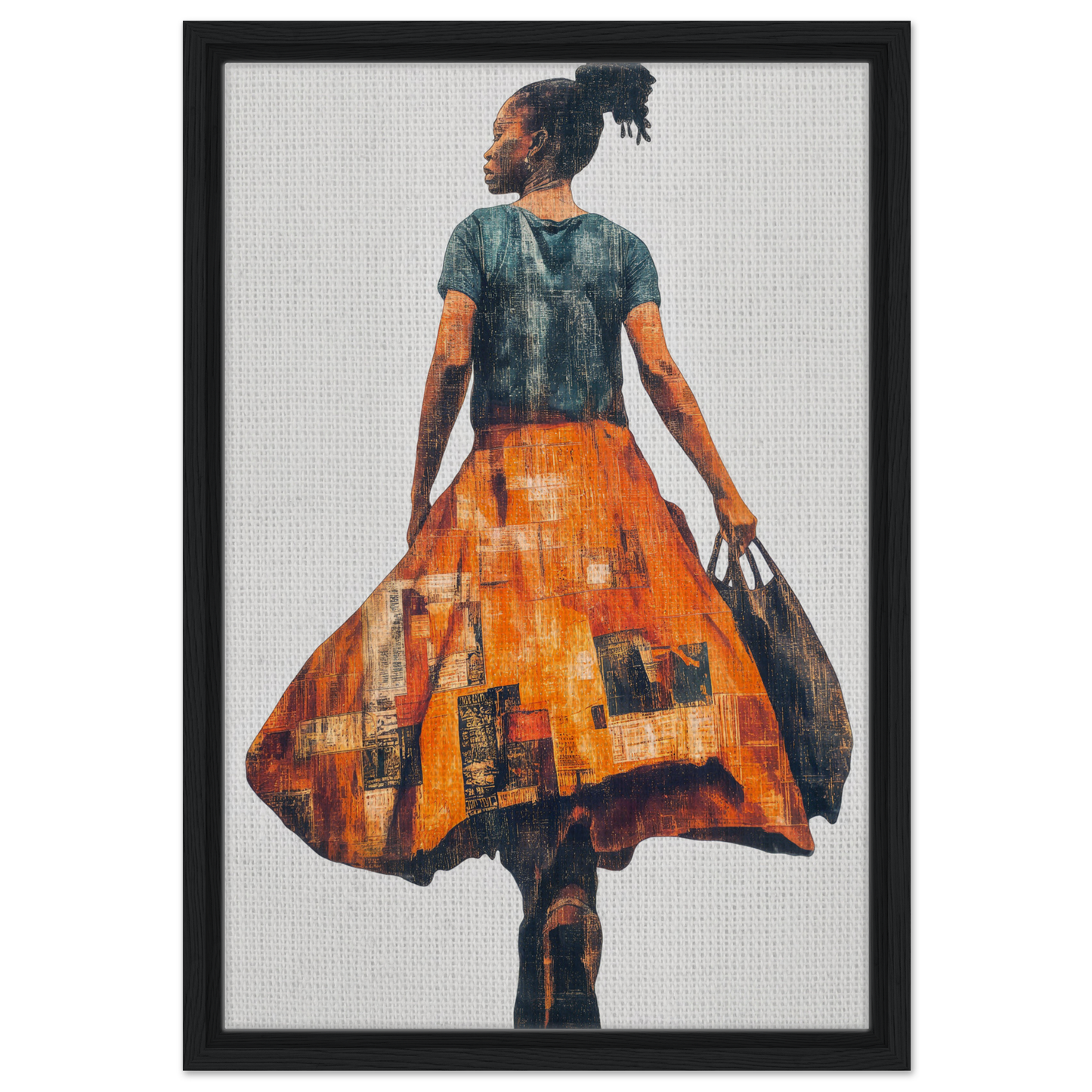 Vivid Patchwork Journey framed canvas art featuring a person in an orange skirt with city patterns